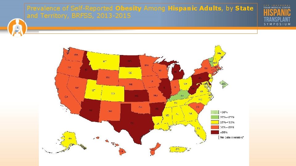 Prevalence of Self-Reported Obesity Among Hispanic Adults, by State and Territory, BRFSS, 2013 -2015