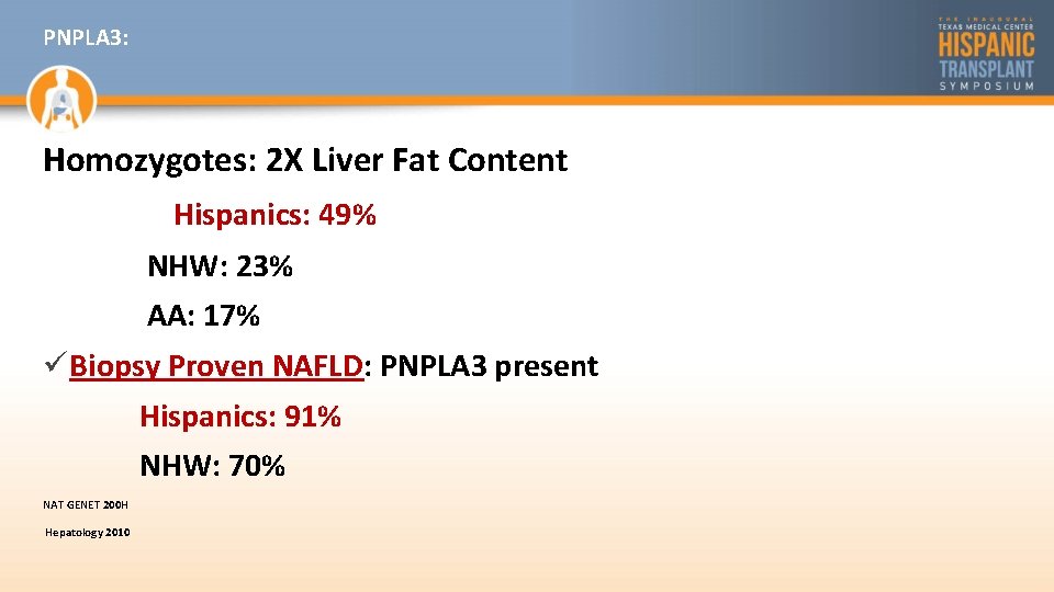 PNPLA 3: Homozygotes: 2 X Liver Fat Content Hispanics: 49% NHW: 23% AA: 17%