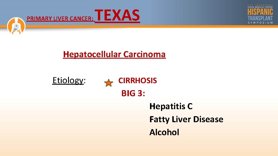 PRIMARY LIVER CANCER: TEXAS Hepatocellular Carcinoma Etiology: CIRRHOSIS BIG 3: Hepatitis C Fatty Liver