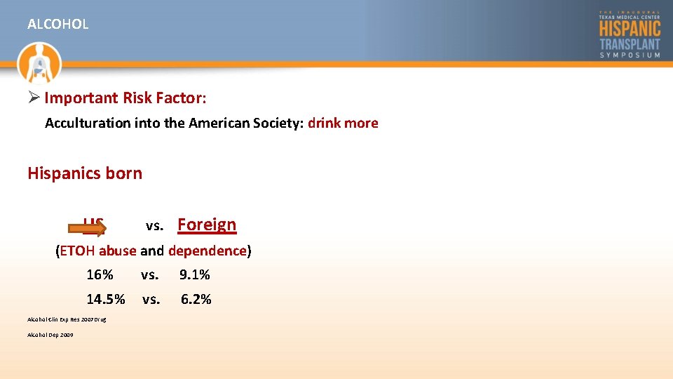 ALCOHOL Ø Important Risk Factor: Acculturation into the American Society: drink more Hispanics born