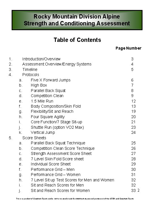 Rocky Mountain Division Alpine Strength and Conditioning Assessment Table of Contents Page Number 1.