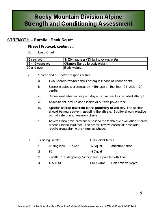 Rocky Mountain Division Alpine Strength and Conditioning Assessment STRENGTH – Parallel Back Squat Phase