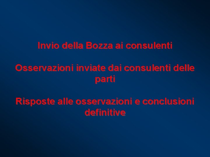 Invio della Bozza ai consulenti Osservazioni inviate dai consulenti delle parti Risposte alle osservazioni