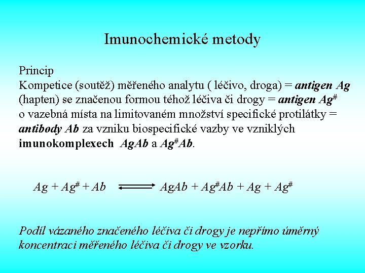 Imunochemické metody Princip Kompetice (soutěž) měřeného analytu ( léčivo, droga) = antigen Ag (hapten)
