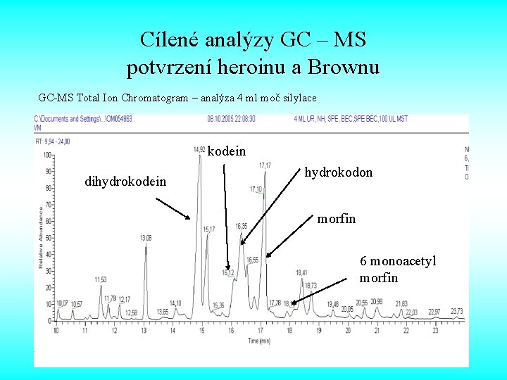 Cílené analýzy GC – MS potvrzení heroinu a Brownu GC-MS Total Ion Chromatogram –