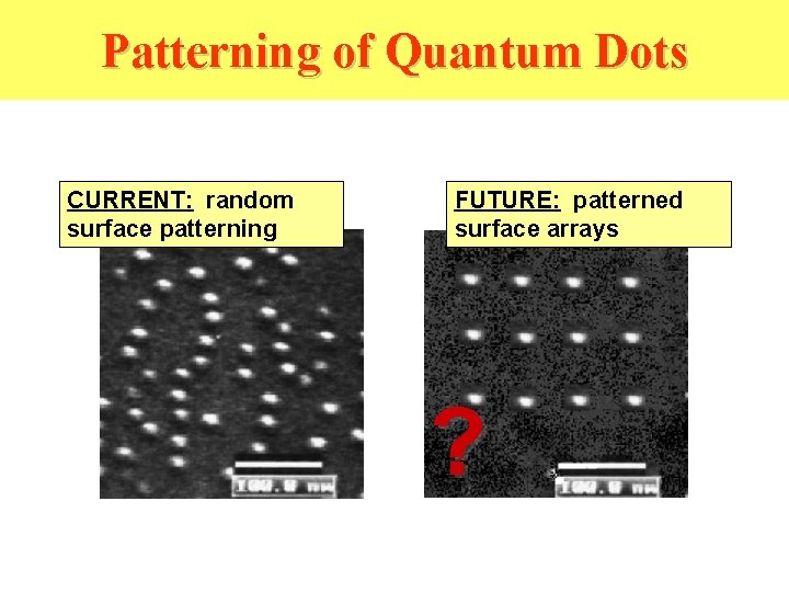 Patterning of Quantum Dots CURRENT: random surface patterning FUTURE: patterned surface arrays ? 