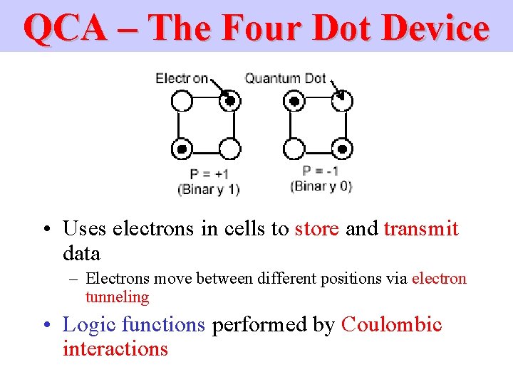 QCA – The Four Dot Device • Uses electrons in cells to store and