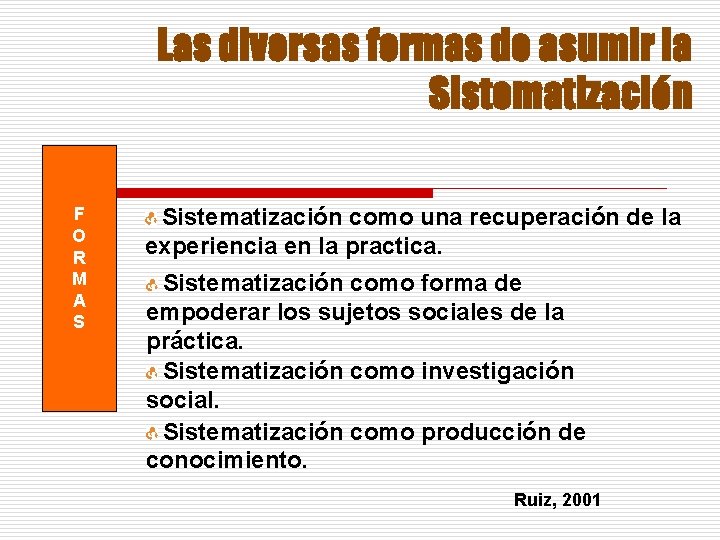 Las diversas formas de asumir la Sistematización F O R M A S Sistematización