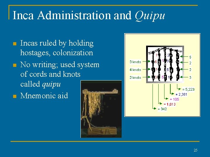 Inca Administration and Quipu n n n Incas ruled by holding hostages, colonization No