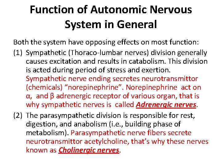 Function of Autonomic Nervous System in General Both the system have opposing effects on Function of Autonomic Nervous System in General Both the system have opposing effects on