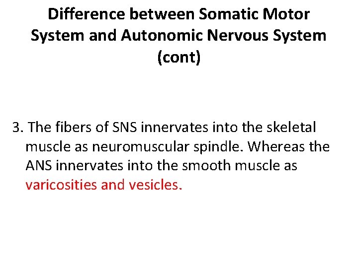 Difference between Somatic Motor System and Autonomic Nervous System (cont) 3. The fibers of