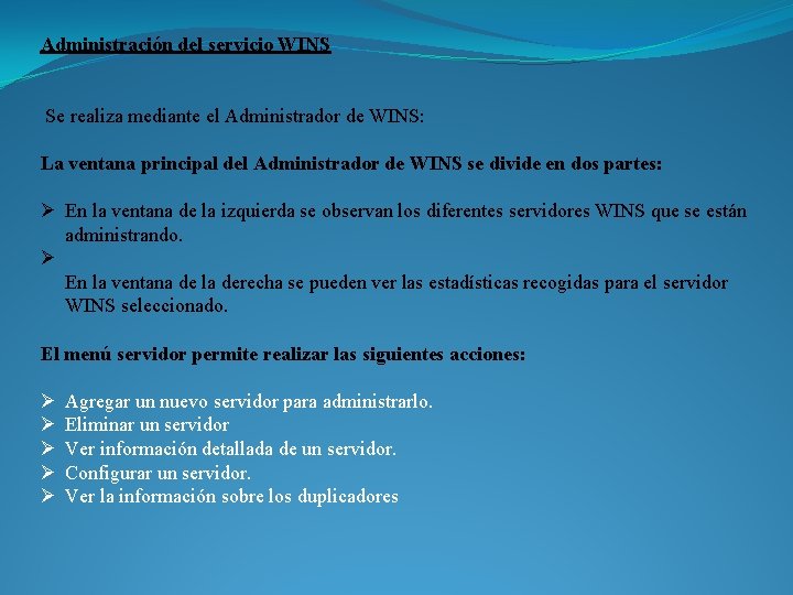 Administración del servicio WINS Se realiza mediante el Administrador de WINS: La ventana principal