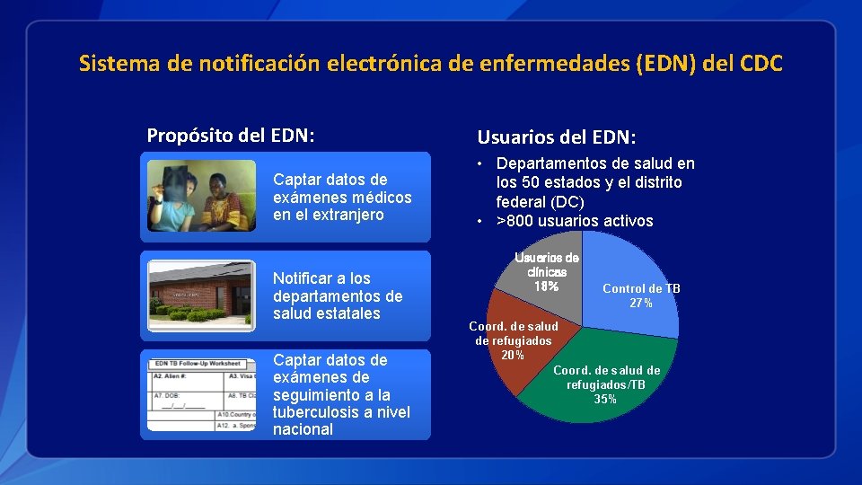 Sistema de notificación electrónica de enfermedades (EDN) del CDC Propósito del EDN: Captar datos
