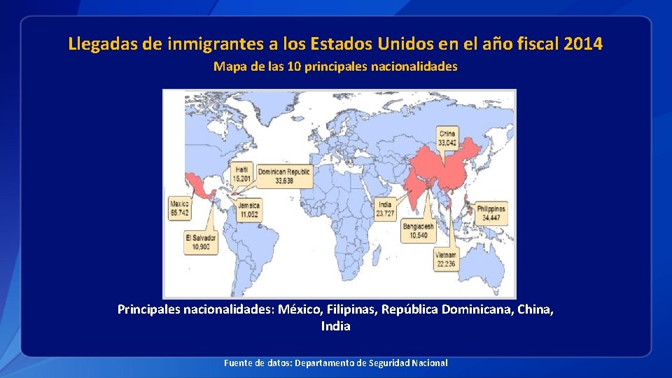 Llegadas de inmigrantes a los Estados Unidos en el año fiscal 2014 Mapa de