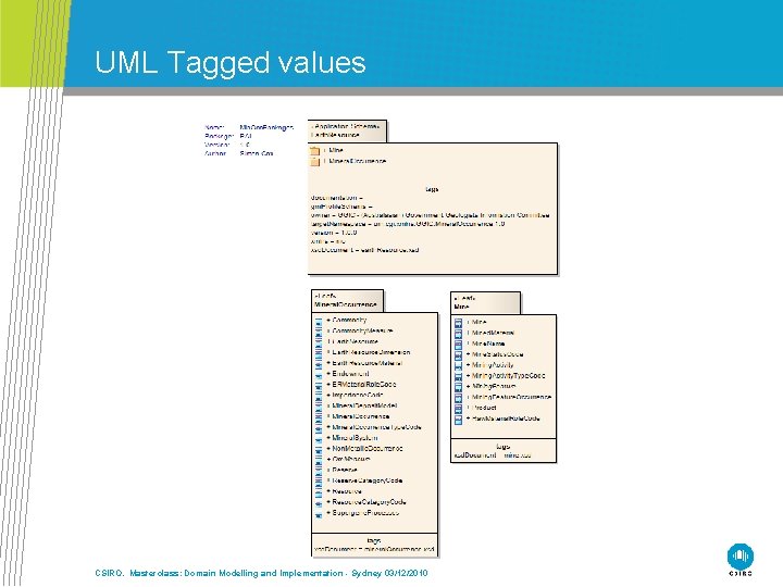 UML Tagged values CSIRO. Masterclass: Domain Modelling and Implementation - Sydney 03/12/2010 