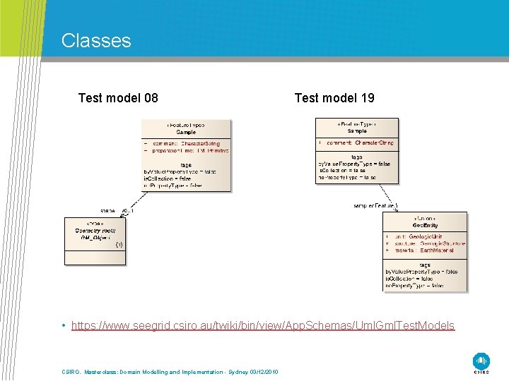 Classes Test model 08 Test model 19 • https: //www. seegrid. csiro. au/twiki/bin/view/App. Schemas/Uml.