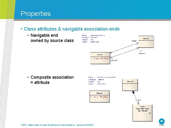 Properties • Class attributes & navigable association-ends • Navigable end owned by source class