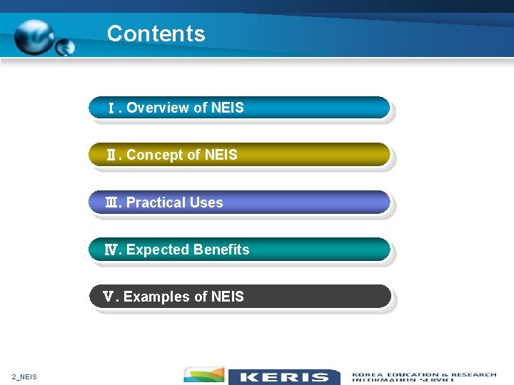 Contents Ⅰ. Overview of NEIS Ⅱ. Concept of NEIS Ⅲ. Practical Uses Ⅳ. Expected