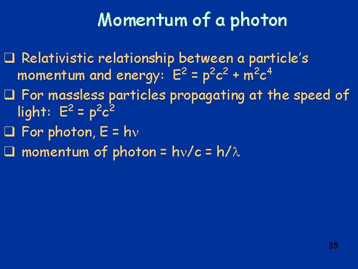 Momentum of a photon q Relativistic relationship between a particle’s momentum and energy: E