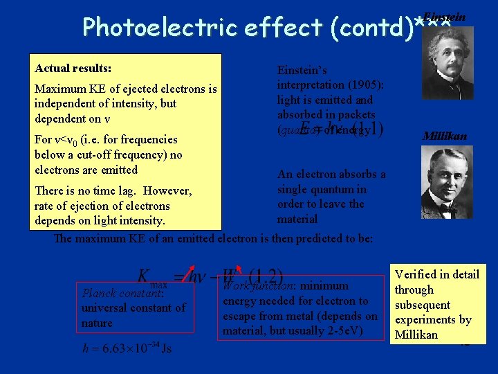 Photoelectric effect (contd)*** Einstein Actual results: Maximum KE of ejected electrons is independent of