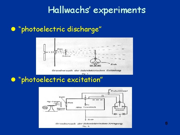 Hallwachs’ experiments l “photoelectric discharge” l “photoelectric excitation” 8 