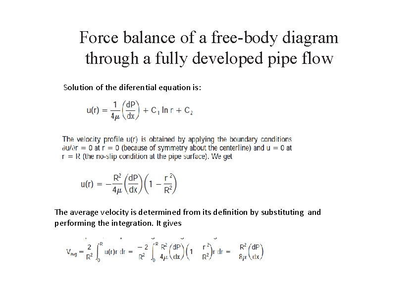 Force balance of a free-body diagram through a fully developed pipe flow Solution of