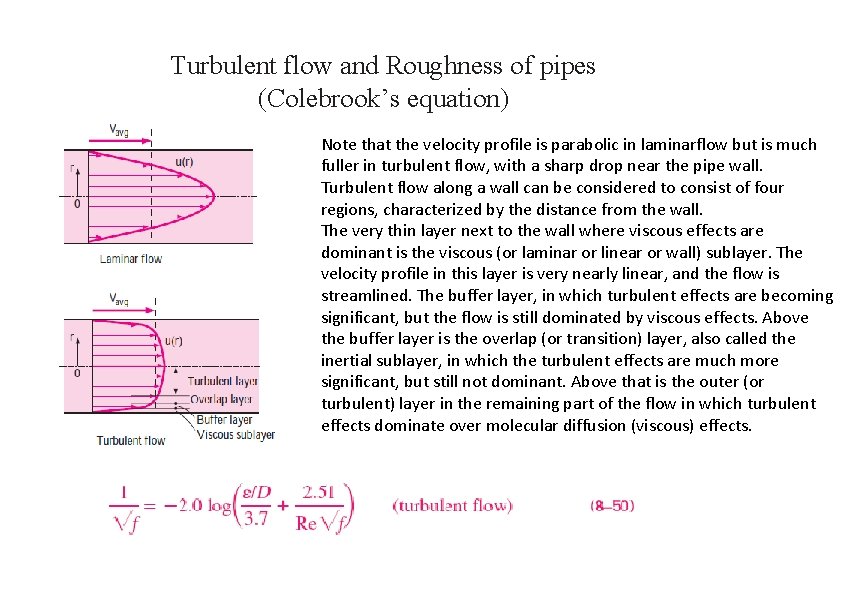 Turbulent flow and Roughness of pipes (Colebrook’s equation) Note that the velocity profile is