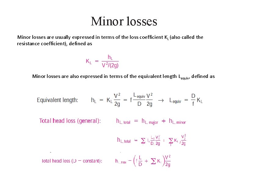 Minor losses are usually expressed in terms of the loss coefficient KL (also called