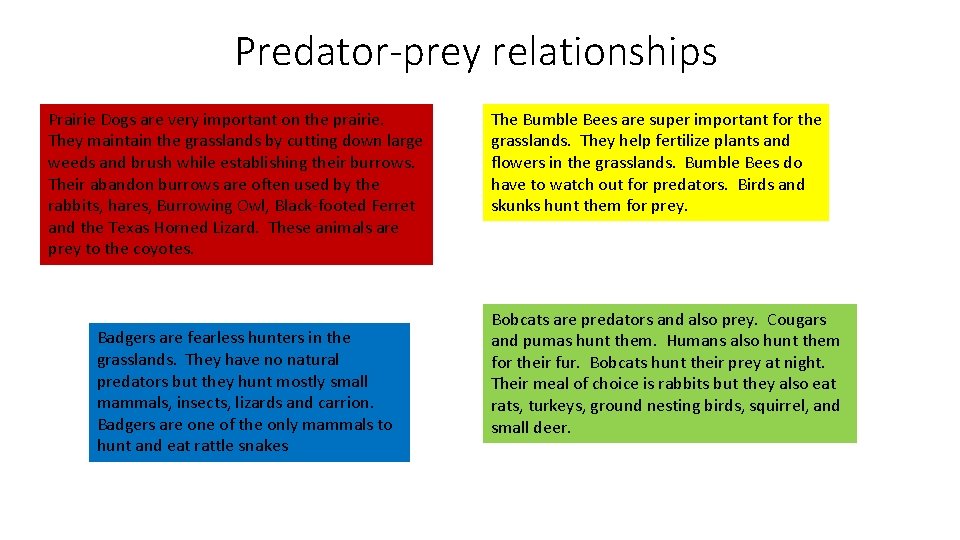 Predator-prey relationships Prairie Dogs are very important on the prairie. They maintain the grasslands