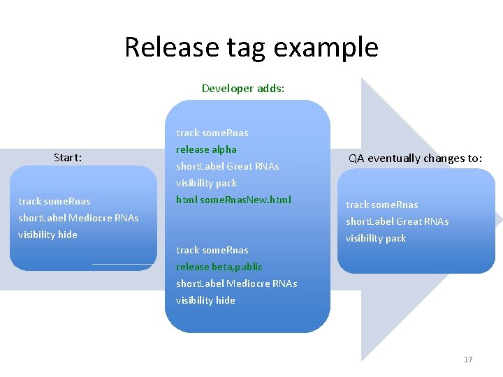Release tag example Developer adds: Start: track some. Rnas short. Label Mediocre RNAs track Release tag example Developer adds: Start: track some. Rnas short. Label Mediocre RNAs track