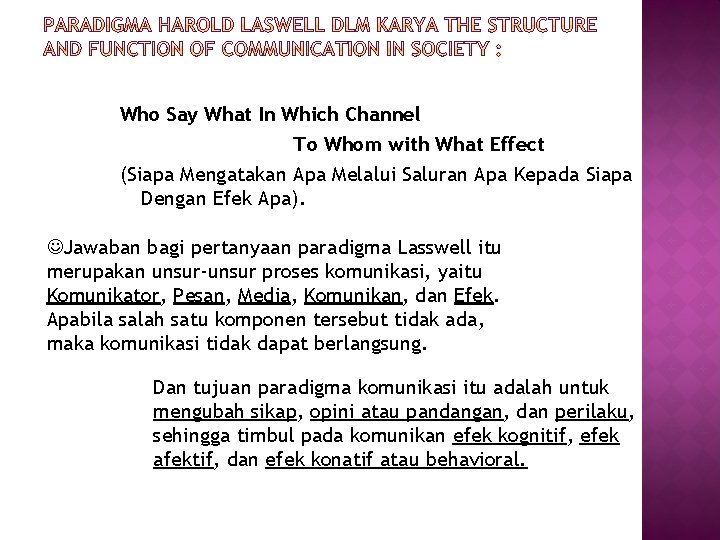 Who Say What In Which Channel To Whom with What Effect (Siapa Mengatakan Apa