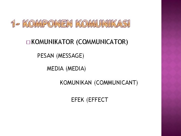 � KOMUNIKATOR (COMMUNICATOR) PESAN (MESSAGE) MEDIA (MEDIA) KOMUNIKAN (COMMUNICANT) EFEK (EFFECT 