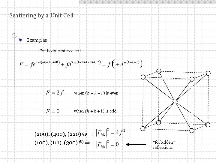 Scattering by a Unit Cell Examples For body-centered cell when (h + k +