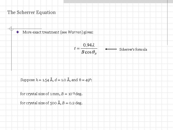 The Scherrer Equation More exact treatment (see Warren) gives: Scherrer’s formula Suppose = 1.