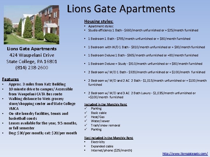 Lions Gate Apartments Housing styles: • Apartment styles: • Studio efficiency 1 Bath - Lions Gate Apartments Housing styles: • Apartment styles: • Studio efficiency 1 Bath -