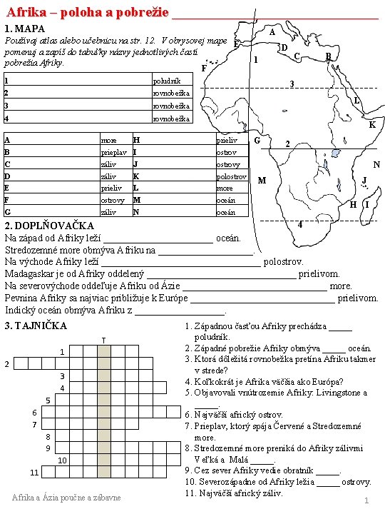 Afrika – poloha a pobrežie _______________ 1. MAPA Používaj atlas alebo učebnicu na str.