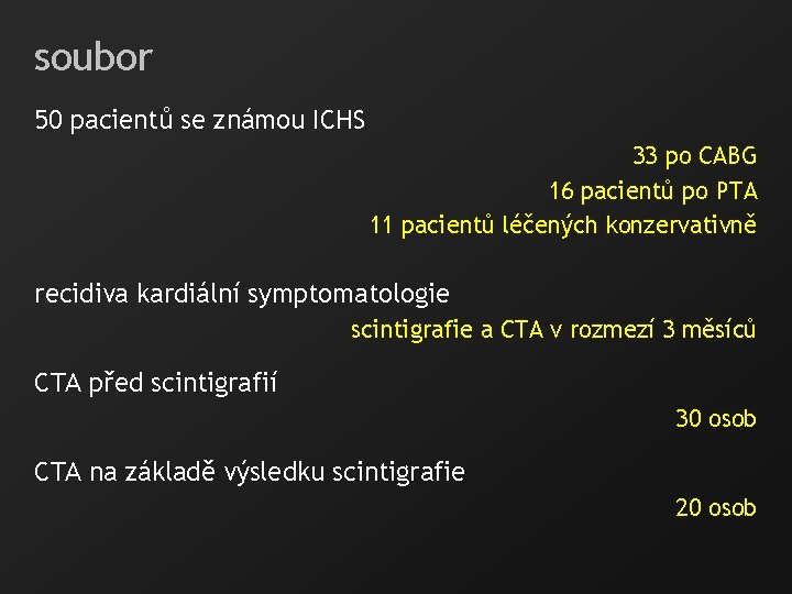 soubor 50 pacientů se známou ICHS 33 po CABG 16 pacientů po PTA 11
