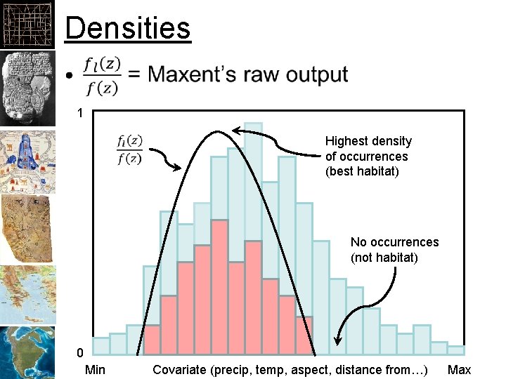 Densities • 1 Highest density of occurrences (best habitat) No occurrences (not habitat) 0
