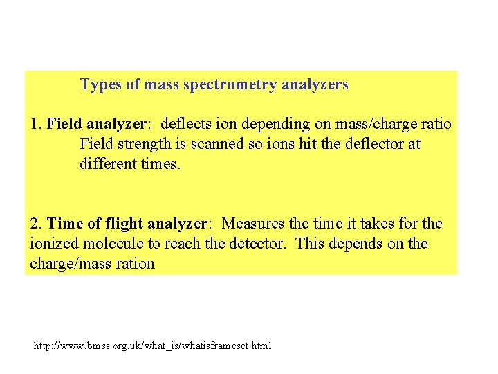 Types of mass spectrometry analyzers 1. Field analyzer: deflects ion depending on mass/charge ratio