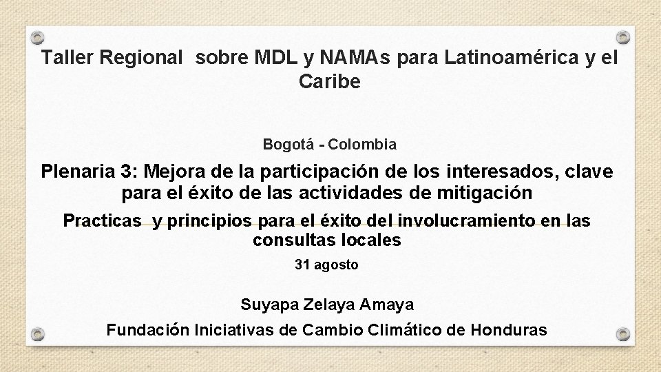 Taller Regional sobre MDL y NAMAs para Latinoamérica y el Caribe Bogotá - Colombia