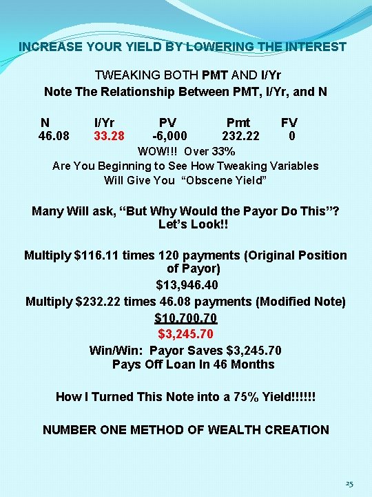 INCREASE YOUR YIELD BY LOWERING THE INTEREST TWEAKING BOTH PMT AND I/Yr Note The