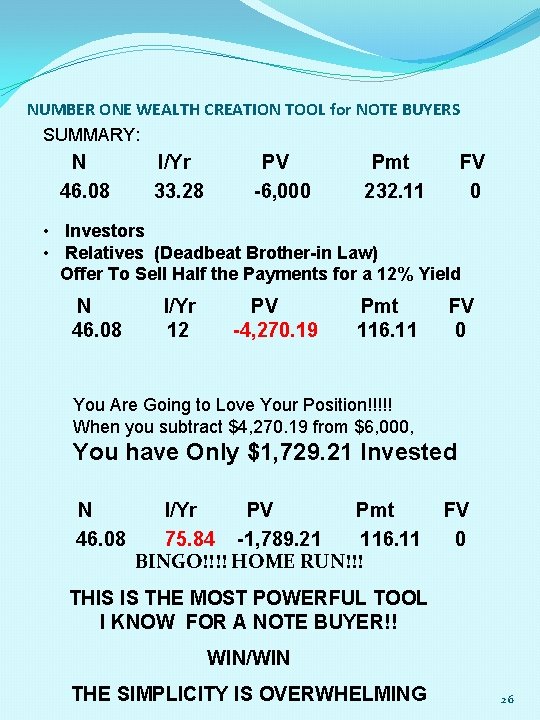 NUMBER ONE WEALTH CREATION TOOL for NOTE BUYERS SUMMARY: N 46. 08 I/Yr 33.