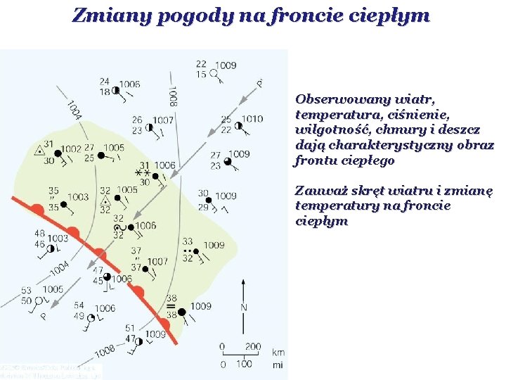 Zmiany pogody na froncie ciepłym Obserwowany wiatr, temperatura, ciśnienie, wilgotność, chmury i deszcz dają Zmiany pogody na froncie ciepłym Obserwowany wiatr, temperatura, ciśnienie, wilgotność, chmury i deszcz dają