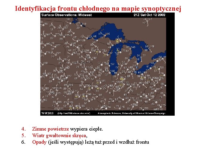 Identyfikacja frontu chłodnego na mapie synoptycznej 4. 5. 6. Zimne powietrze wypiera ciepłe. Wiatr Identyfikacja frontu chłodnego na mapie synoptycznej 4. 5. 6. Zimne powietrze wypiera ciepłe. Wiatr