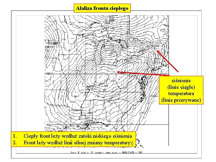Alaliza frontu ciepłego ciśnienie (linie ciągłe) temperatura (linie przerywane) 1. 2. Ciepły front leży Alaliza frontu ciepłego ciśnienie (linie ciągłe) temperatura (linie przerywane) 1. 2. Ciepły front leży