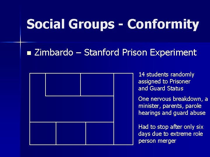 Social Groups - Conformity n Zimbardo – Stanford Prison Experiment 14 students randomly assigned