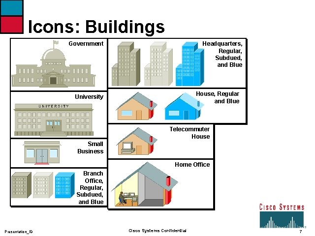 Icons: Buildings Government Headquarters, Regular, Subdued, and Blue House, Regular and Blue University Telecommuter