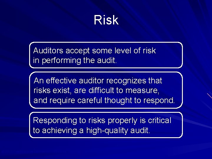 Risk Auditors accept some level of risk in performing the audit. An effective auditor