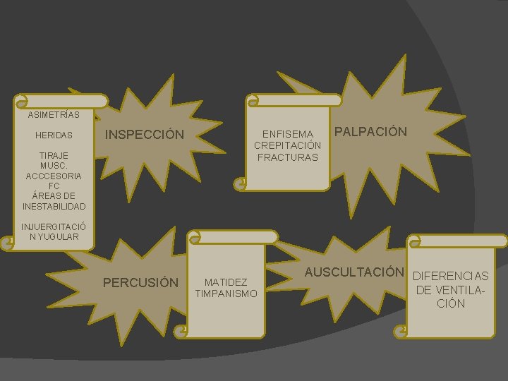 ASIMETRÍAS HERIDAS INSPECCIÓN TIRAJE MUSC. ACCCESORIA FC ÁREAS DE INESTABILIDAD ENFISEMA CREPITACIÓN FRACTURAS PALPACIÓN