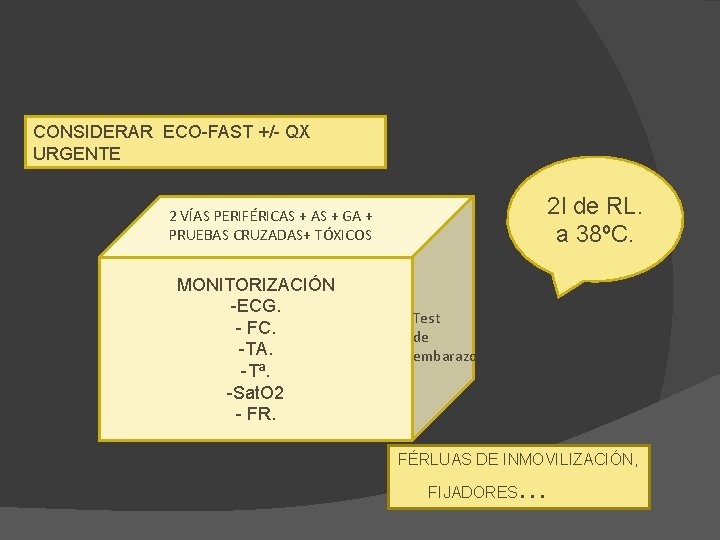 CONSIDERAR ECO-FAST +/- QX URGENTE 2 l de RL. a 38ºC. 2 VÍAS PERIFÉRICAS